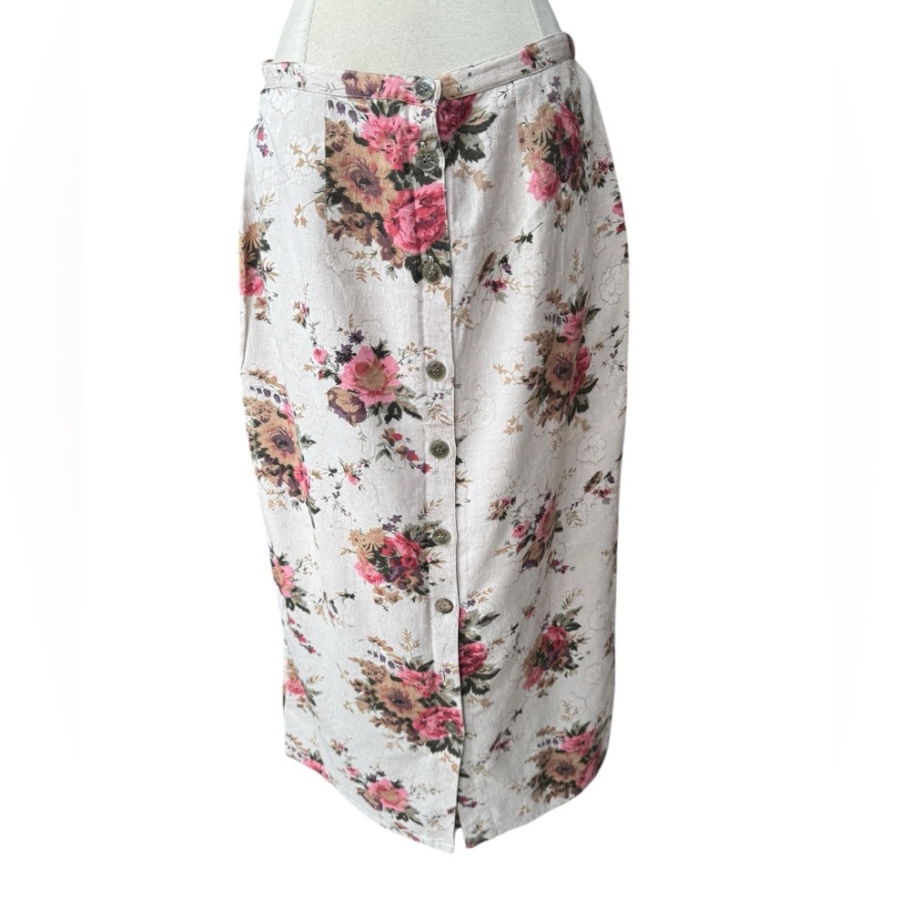 1980s Hunt Club Floral Cotton/Rayon/Linen Front Button Down Cottagecore‎ Skirt